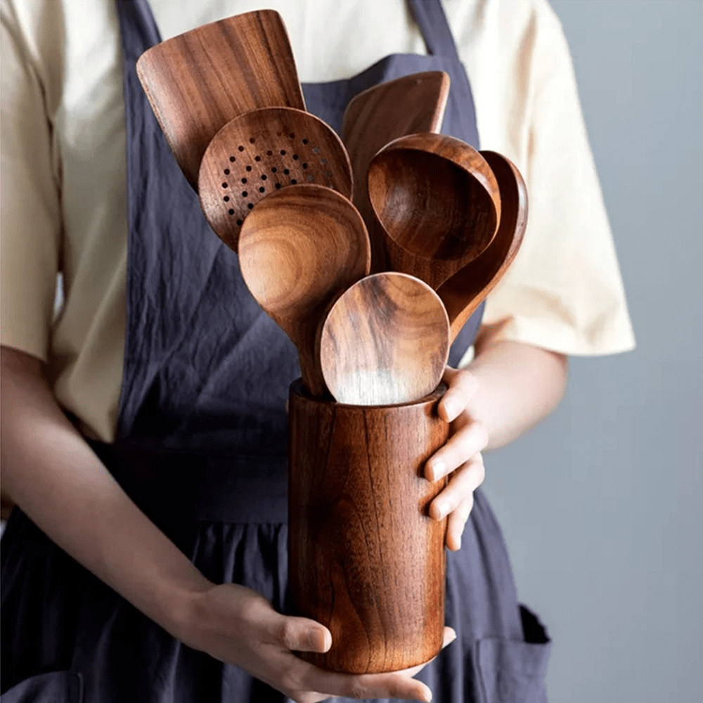 Teak Kitchen Utensil Set For Elegant Cooking In Modern Kitchen