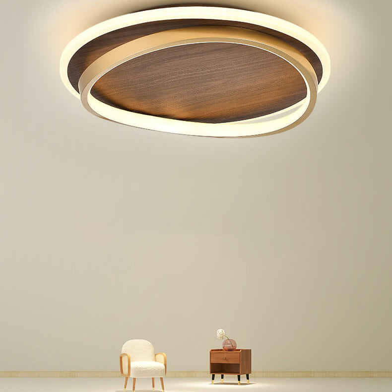 Plafonnier LED avec design rond en noyer et or