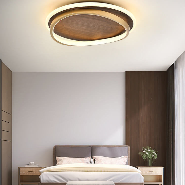 Plafonnier LED avec design rond en noyer et or