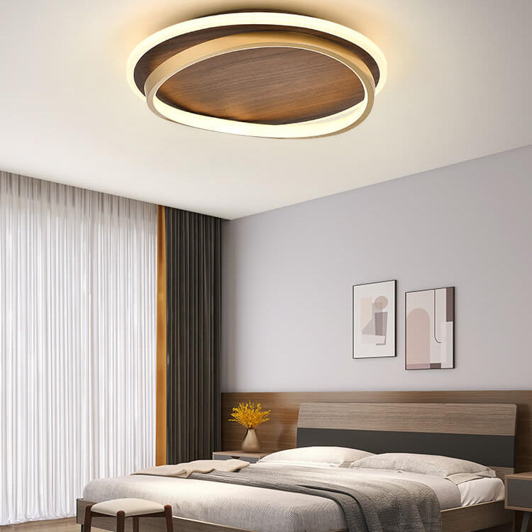 Plafonnier LED avec design rond en noyer et or