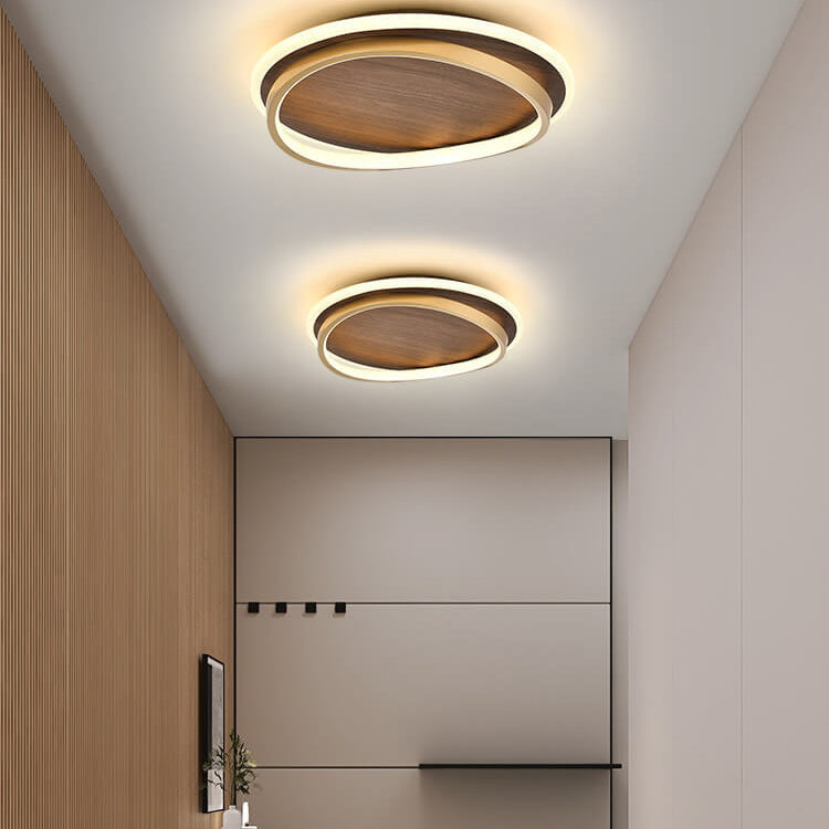 Plafonnier LED avec design rond en noyer et or