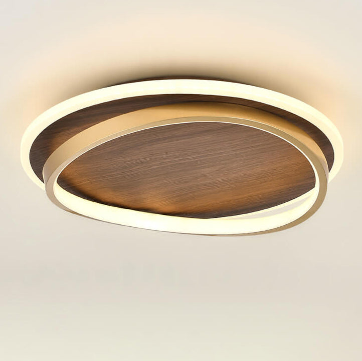 Plafonnier LED avec design rond en noyer et or