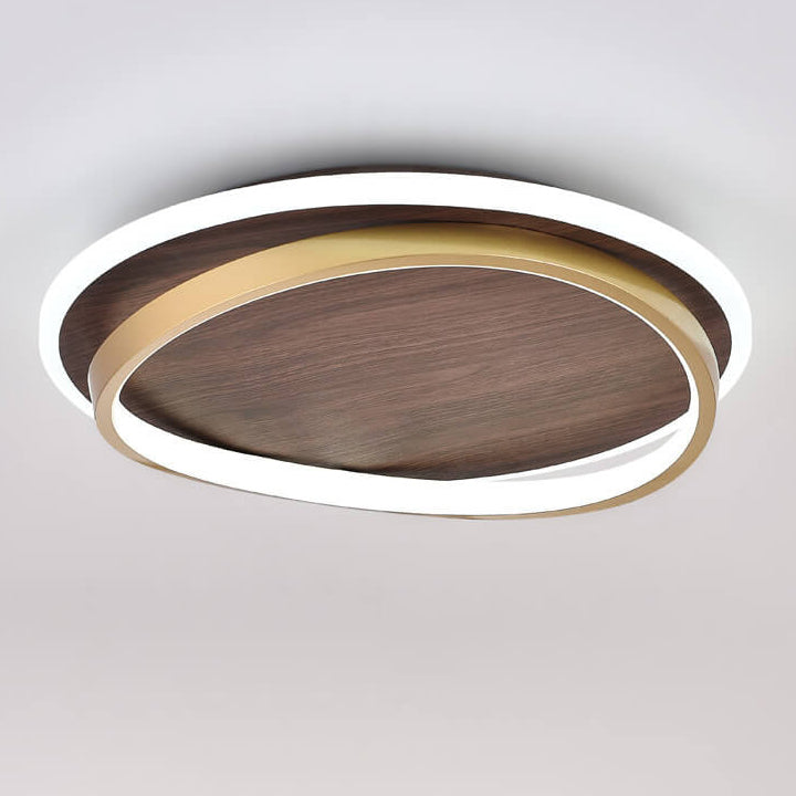 Plafonnier LED avec design rond en noyer et or