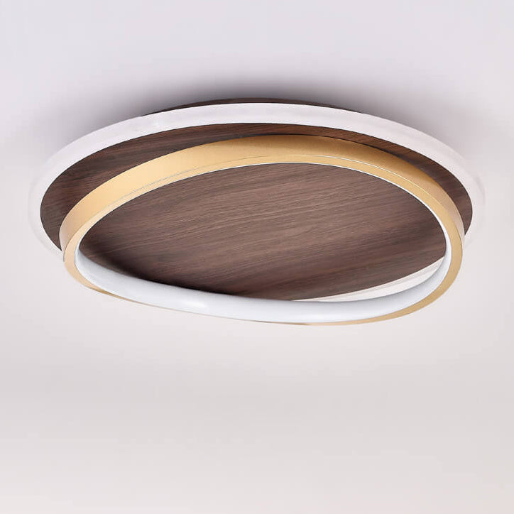 Plafonnier LED avec design rond en noyer et or