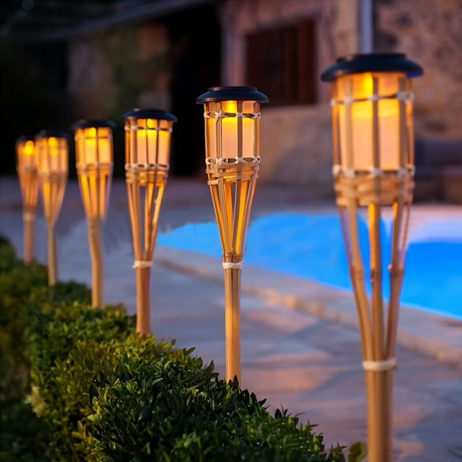 2-pack solarnych lamp bambusowych z płomieniem i 12 diodami LED, latarnie ogrodowe na zewnątrz