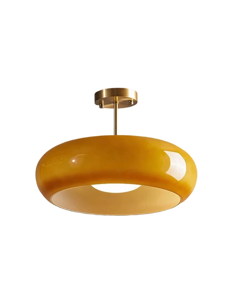 Plafonnier disque en verre style Bauhaus en laiton ou finition chrome, verre orange-jaune ou blanc