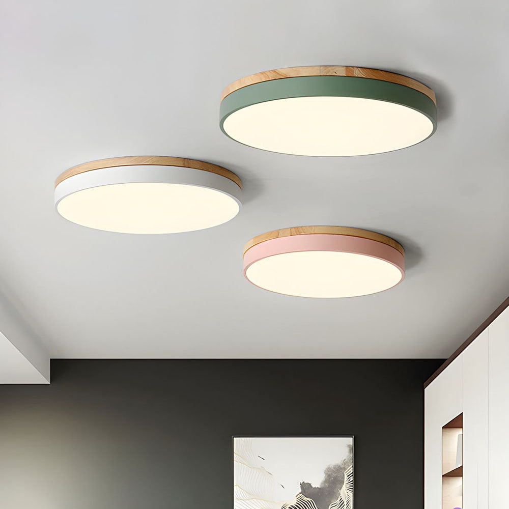 Lámpara de techo redonda de madera con LED y acrílico, regulable con luz cálida, estilo escandinavo