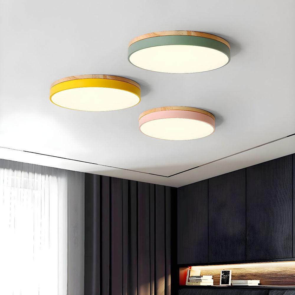 Lámpara de techo redonda de madera con LED y acrílico, regulable con luz cálida, estilo escandinavo
