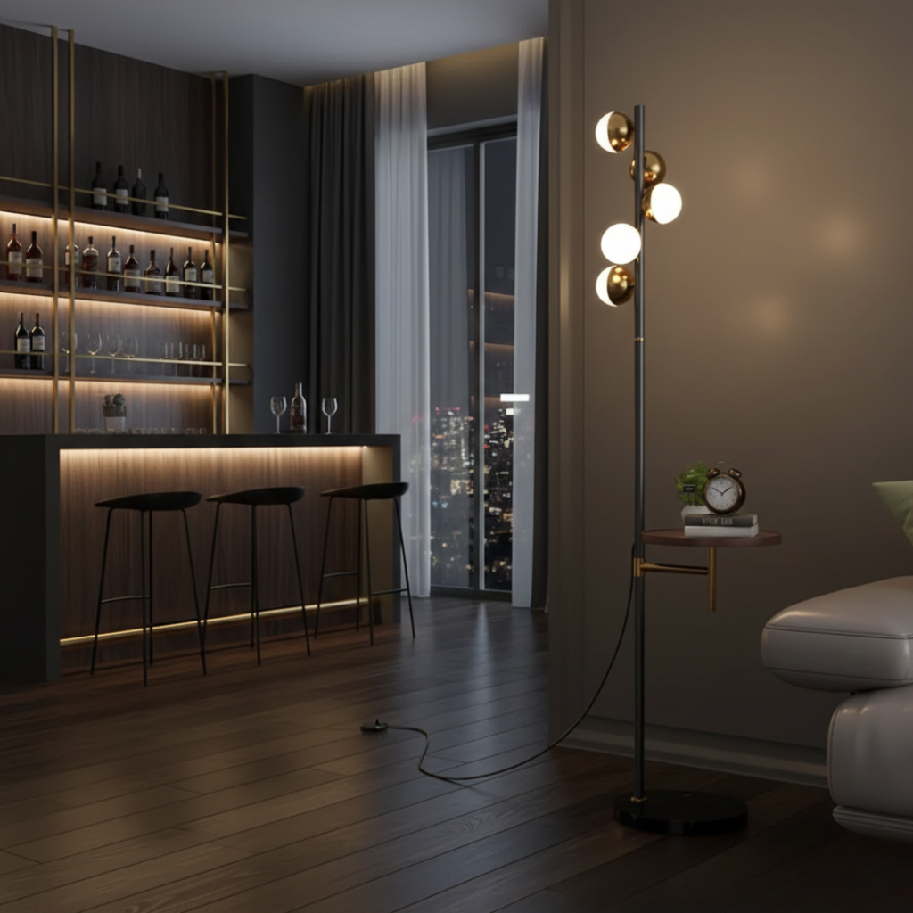 Lampadaire moderne avec table intégrée pour salon | Rosalyssa