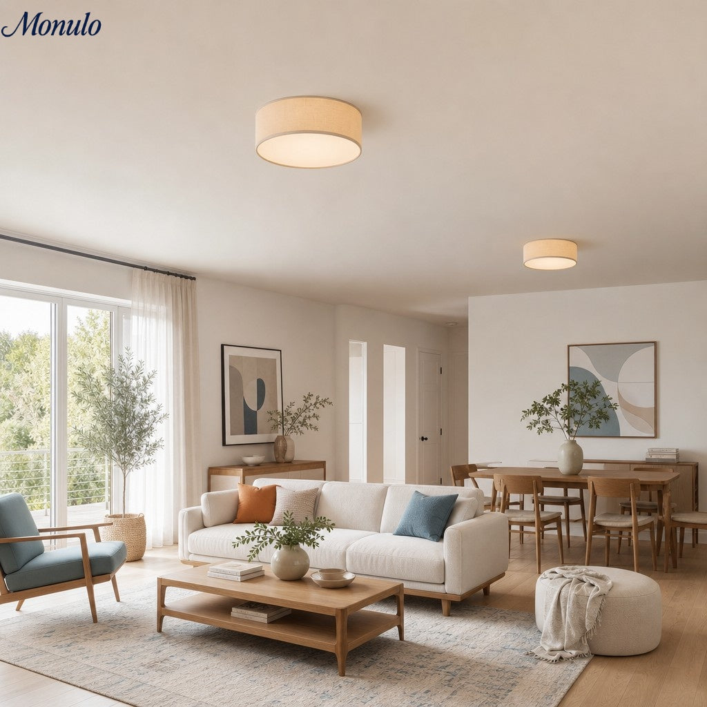 Linen Shade Drum Ceiling Light, Diameter 30/45 Cm, Scandinavian Modern Living Room Lamp