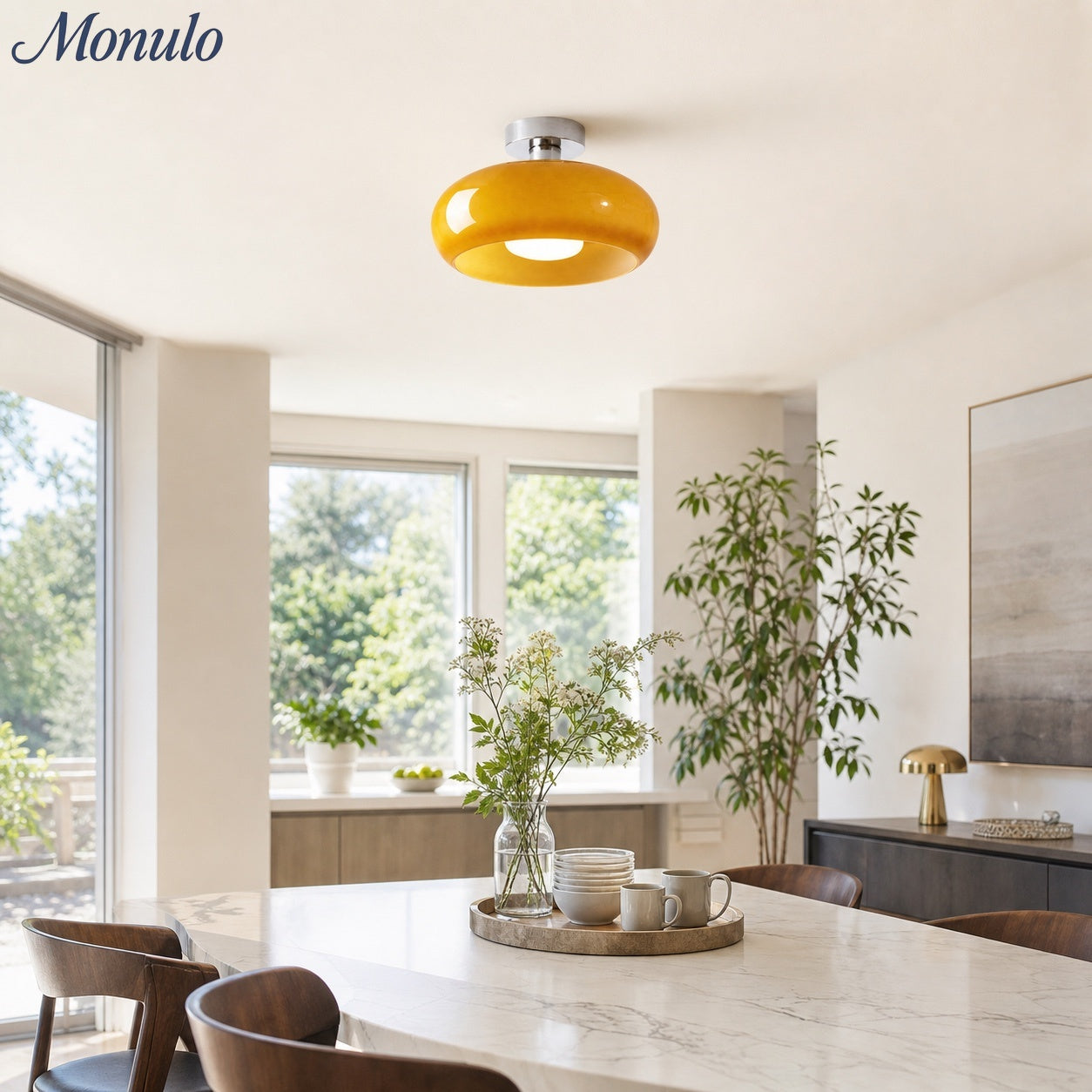 Plafonnier disque en verre style Bauhaus en laiton ou finition chrome, verre orange-jaune ou blanc
