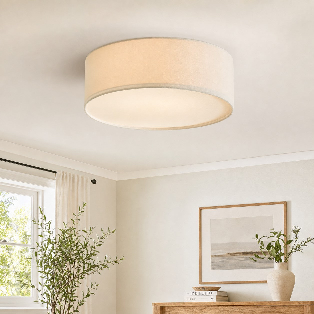 Linen Shade Drum Ceiling Light, Diameter 30/45 Cm, Scandinavian Modern Living Room Lamp