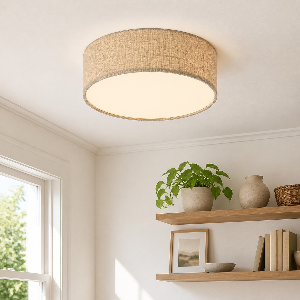 Linen Shade Drum Ceiling Light, Diameter 30/45 Cm, Scandinavian Modern Living Room Lamp