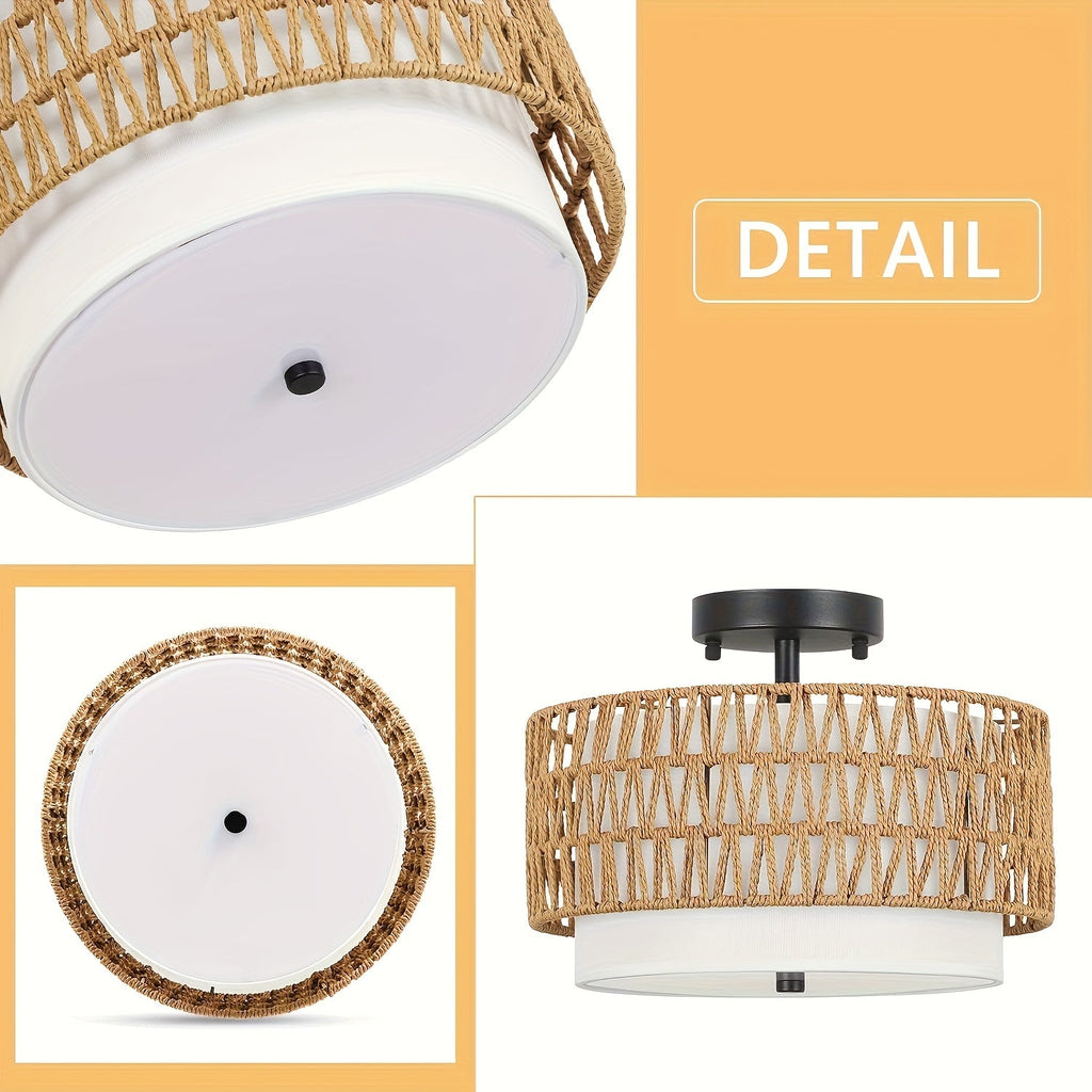 Luminária de Teto Boho em Rattan com Abajur de Linho, Montagem Semi-Embutida