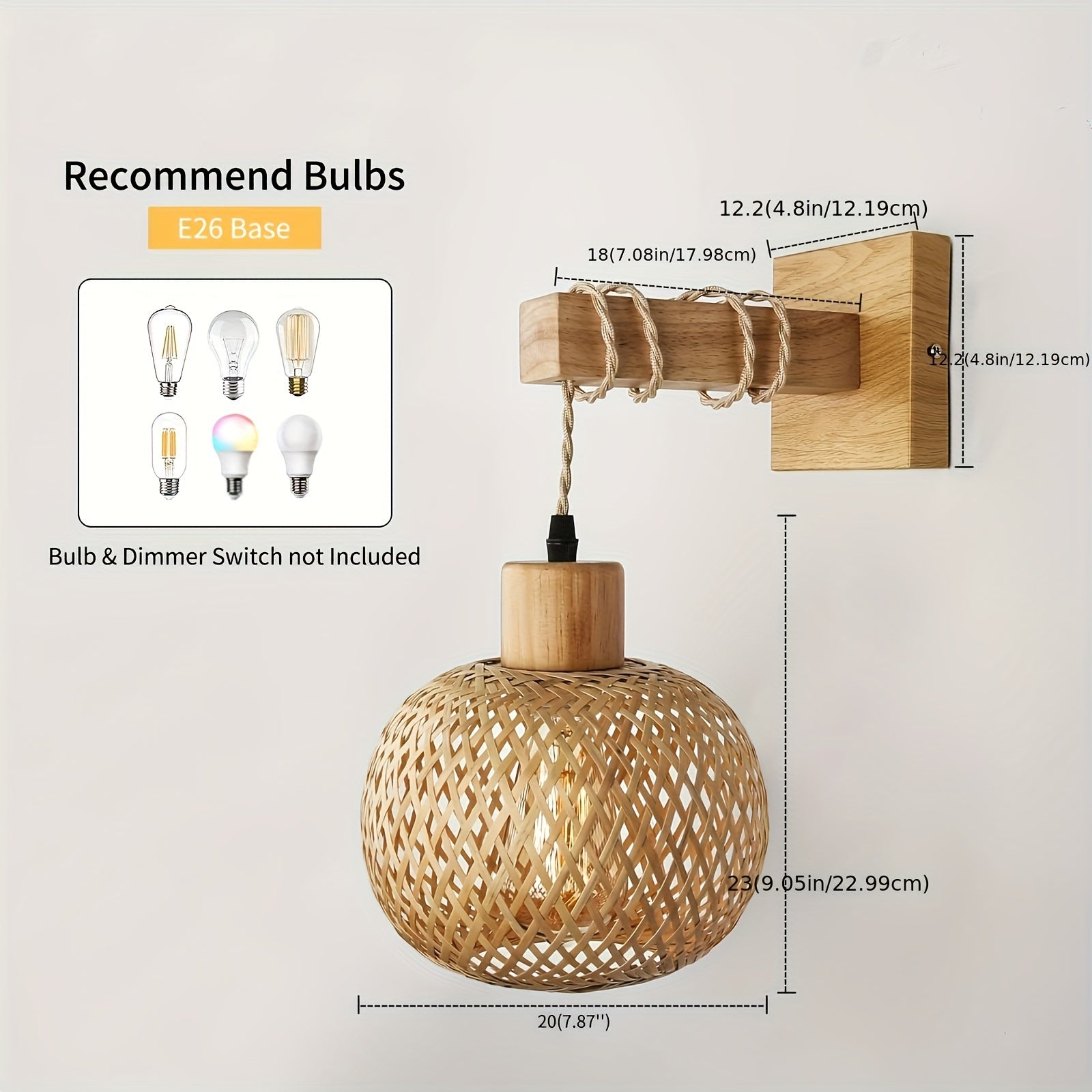 Rustikale handgewebte Wandlampe aus Rattan und Holz