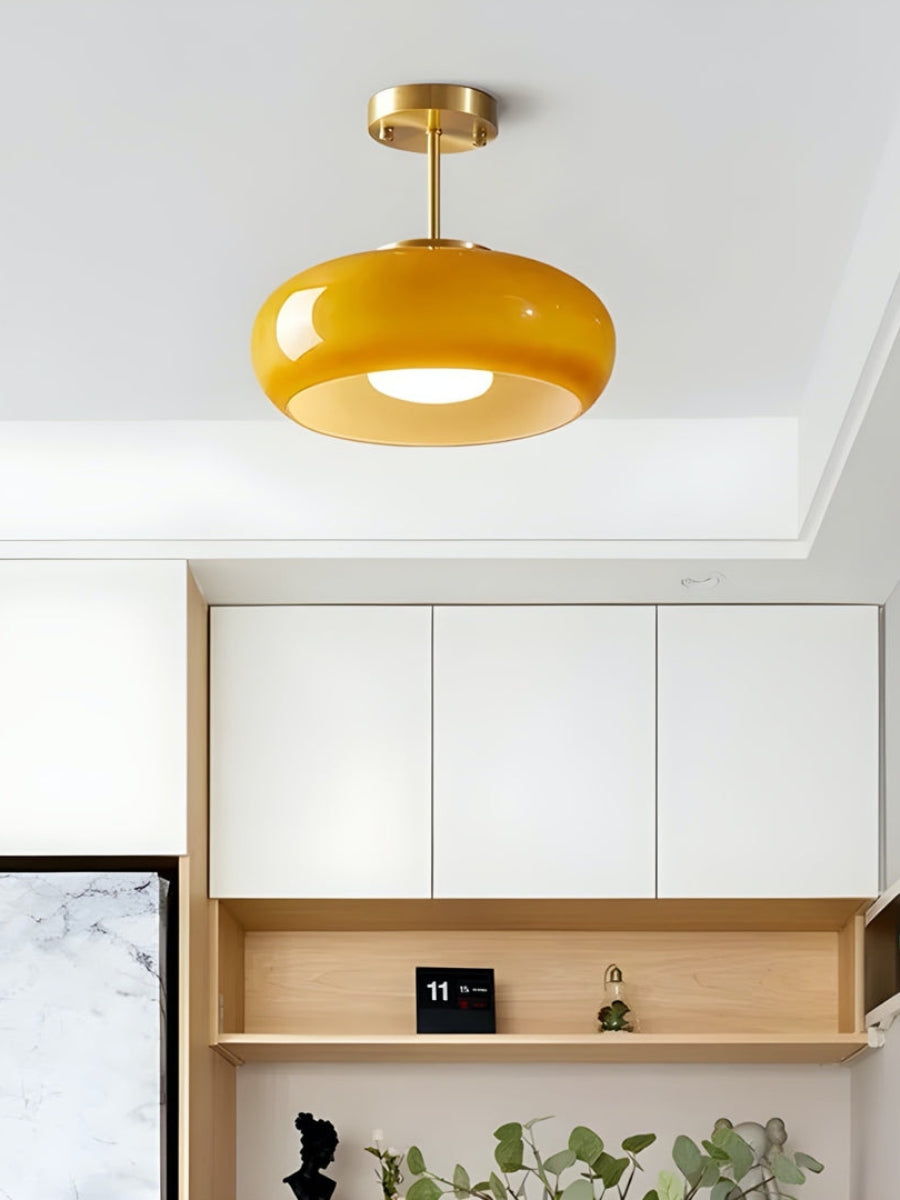 Plafonnier disque en verre style Bauhaus en laiton ou finition chrome, verre orange-jaune ou blanc