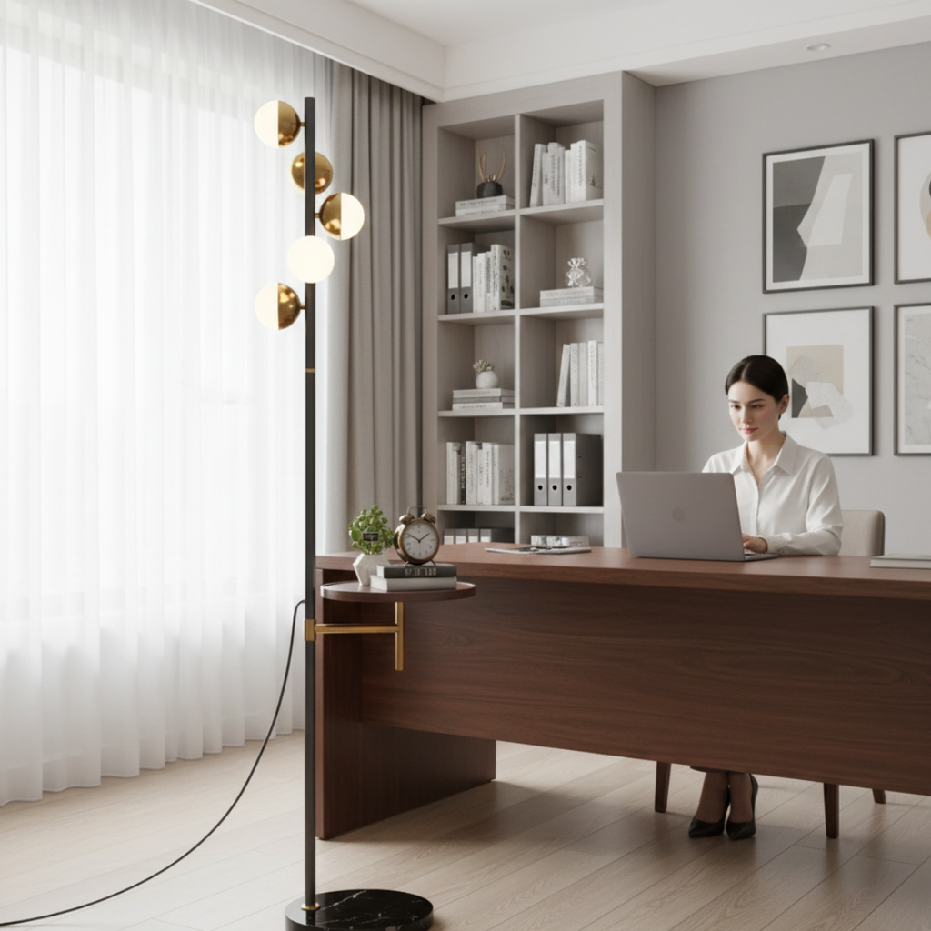 Lampadaire moderne avec table intégrée pour salon | Rosalyssa