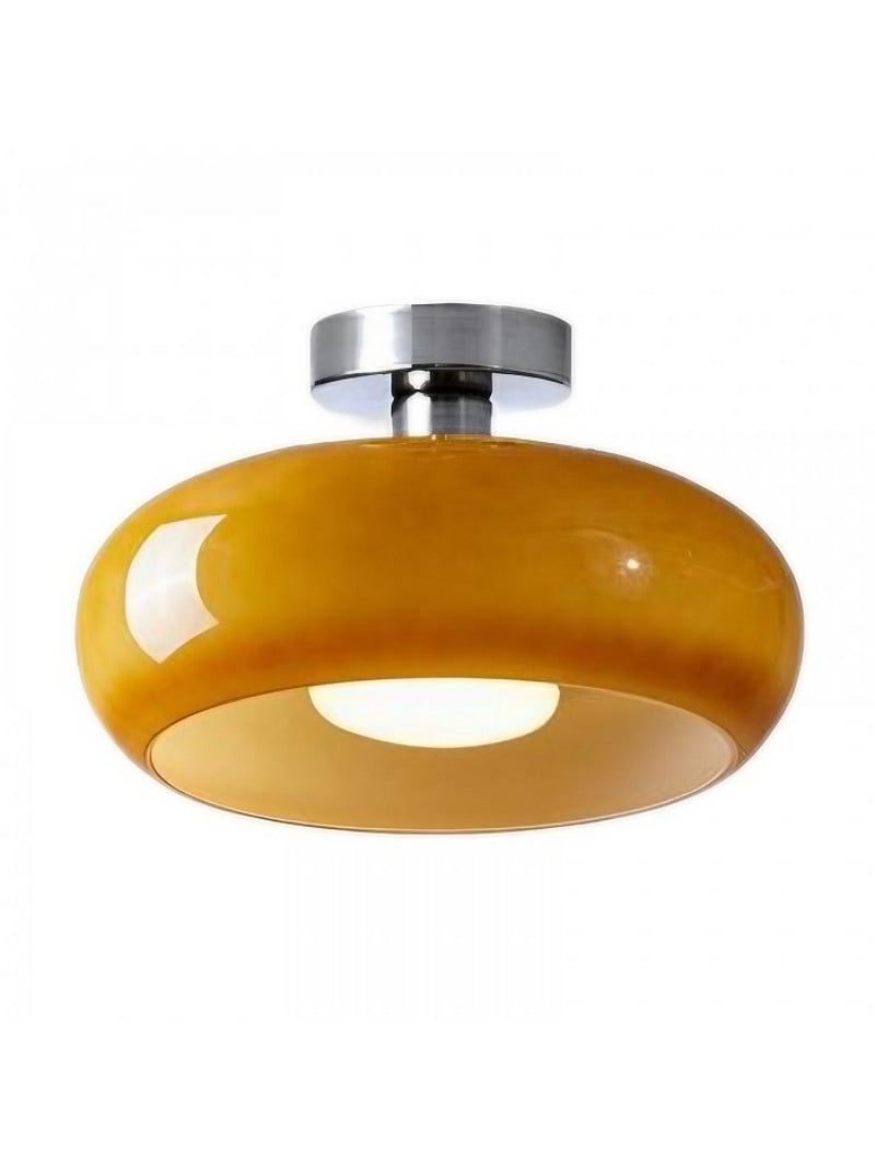 Plafonnier disque en verre style Bauhaus en laiton ou finition chrome, verre orange-jaune ou blanc