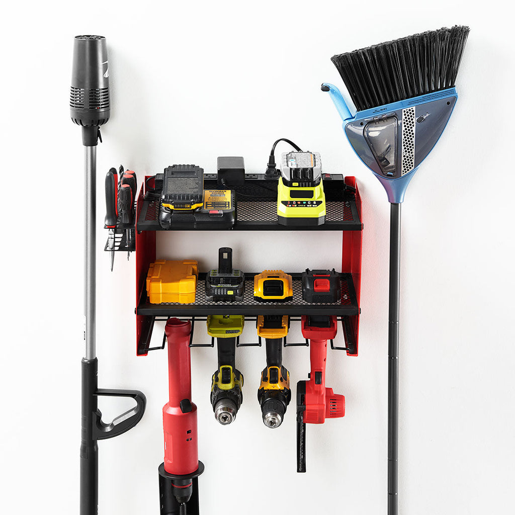 Organisateur d'outils mural avec station d'alimentation et étagère de rangement pour garage