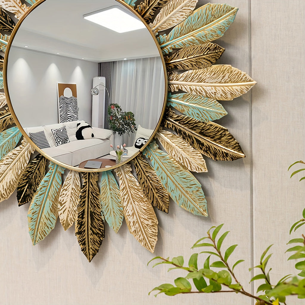 Espelho de Parede Boémio Sunburst com Folhas Verde-azul e Douradas
