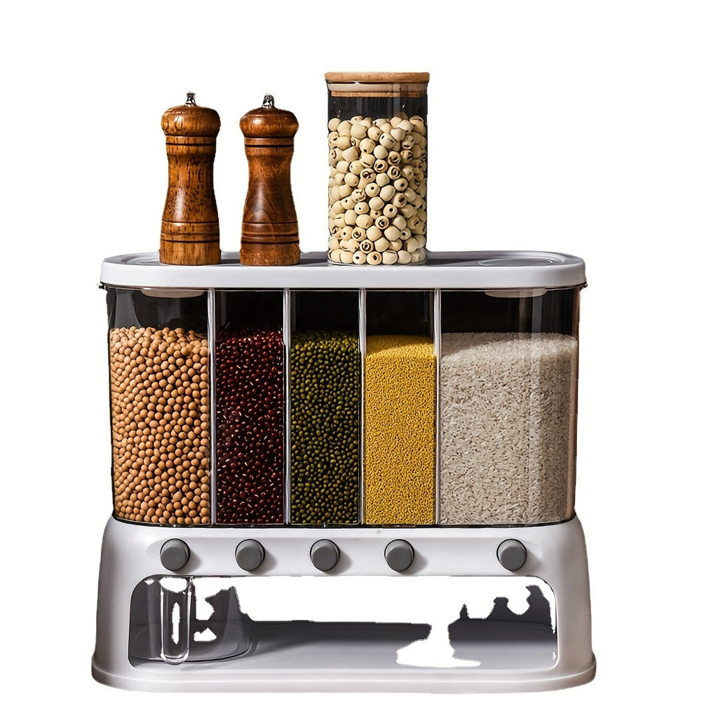 Airtight Five-Compartment Grain Storage Bin For Pantry Organization