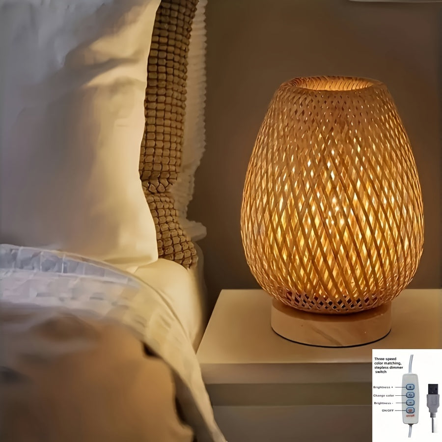 Candeeiro de Mesa de Cabeceira em Bambu Trançado com Luz USB Regulável