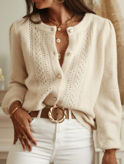 Crocheted Hollow-out Long Sleeve Single-breasted Sweater Coat