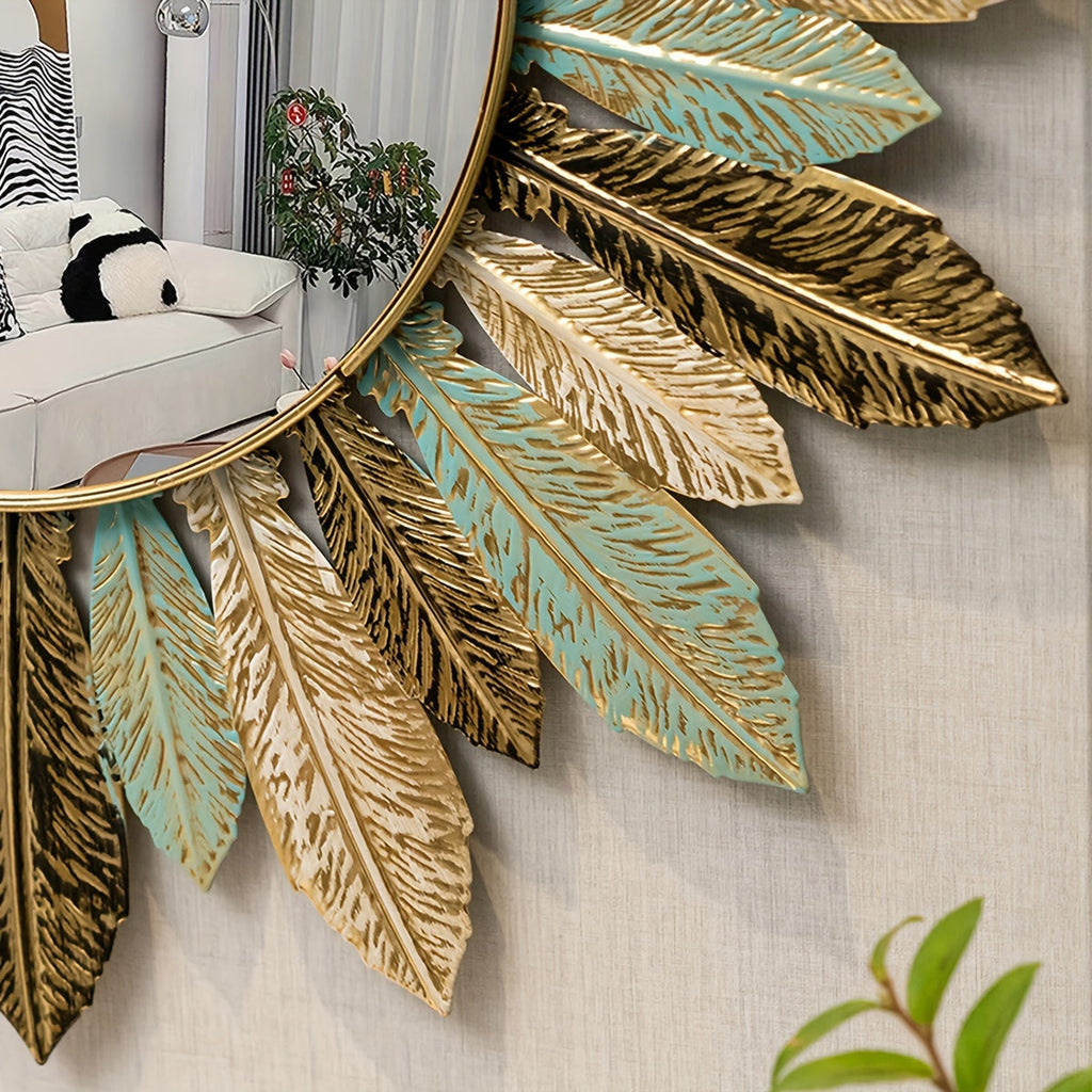 Espelho de Parede Boémio Sunburst com Folhas Verde-azul e Douradas