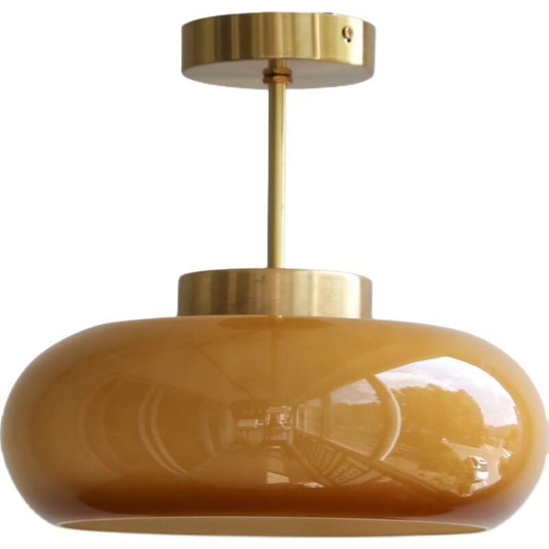Lampada da soffitto vintage in ottone con paralume in vetro ambrato, montaggio semi a filo soffitto