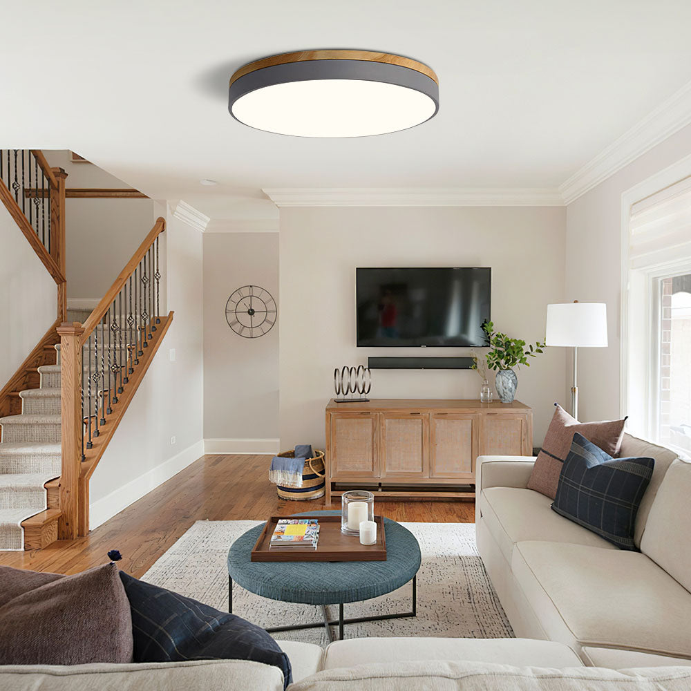 Lámpara de techo redonda de madera con LED y acrílico, regulable con luz cálida, estilo escandinavo