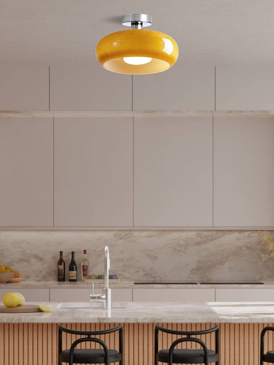 Plafonnier disque en verre style Bauhaus en laiton ou finition chrome, verre orange-jaune ou blanc