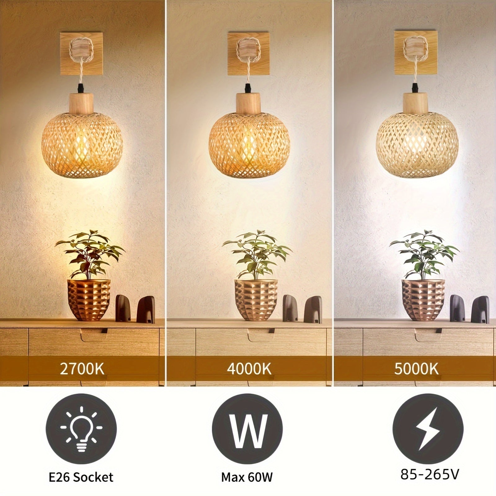 Rustikale handgewebte Wandlampe aus Rattan und Holz