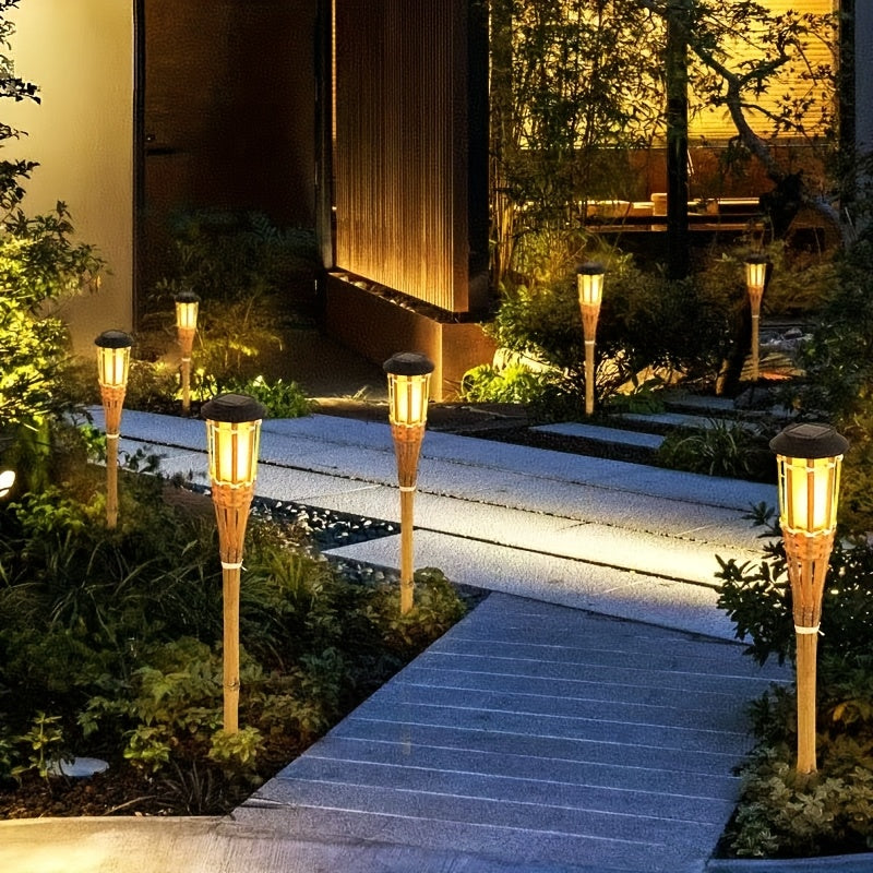 2-pack solarnych lamp bambusowych z płomieniem i 12 diodami LED, latarnie ogrodowe na zewnątrz