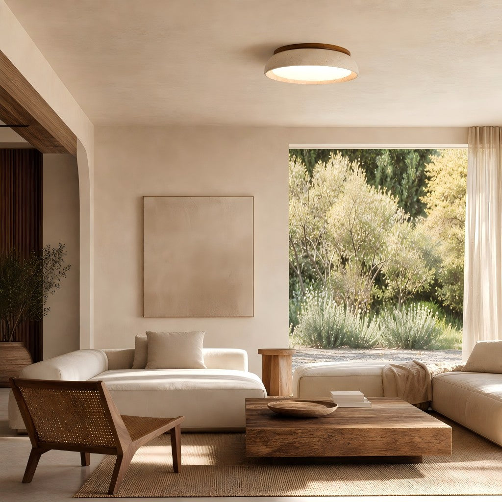 Beige Travertine Ceiling Lamp Sculpture, Natural Stone, Scandinavian Warm Glow, 30cm 43cm