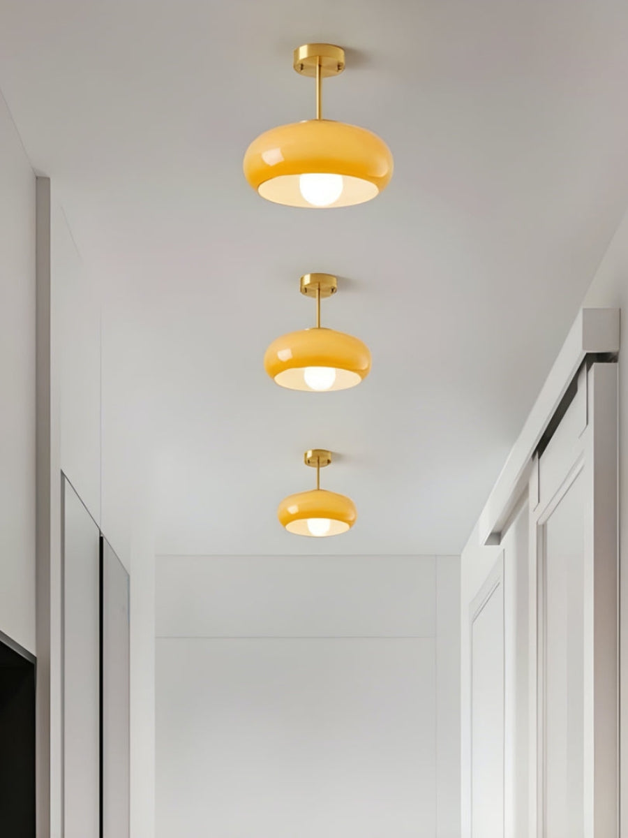 Plafonnier disque en verre style Bauhaus en laiton ou finition chrome, verre orange-jaune ou blanc