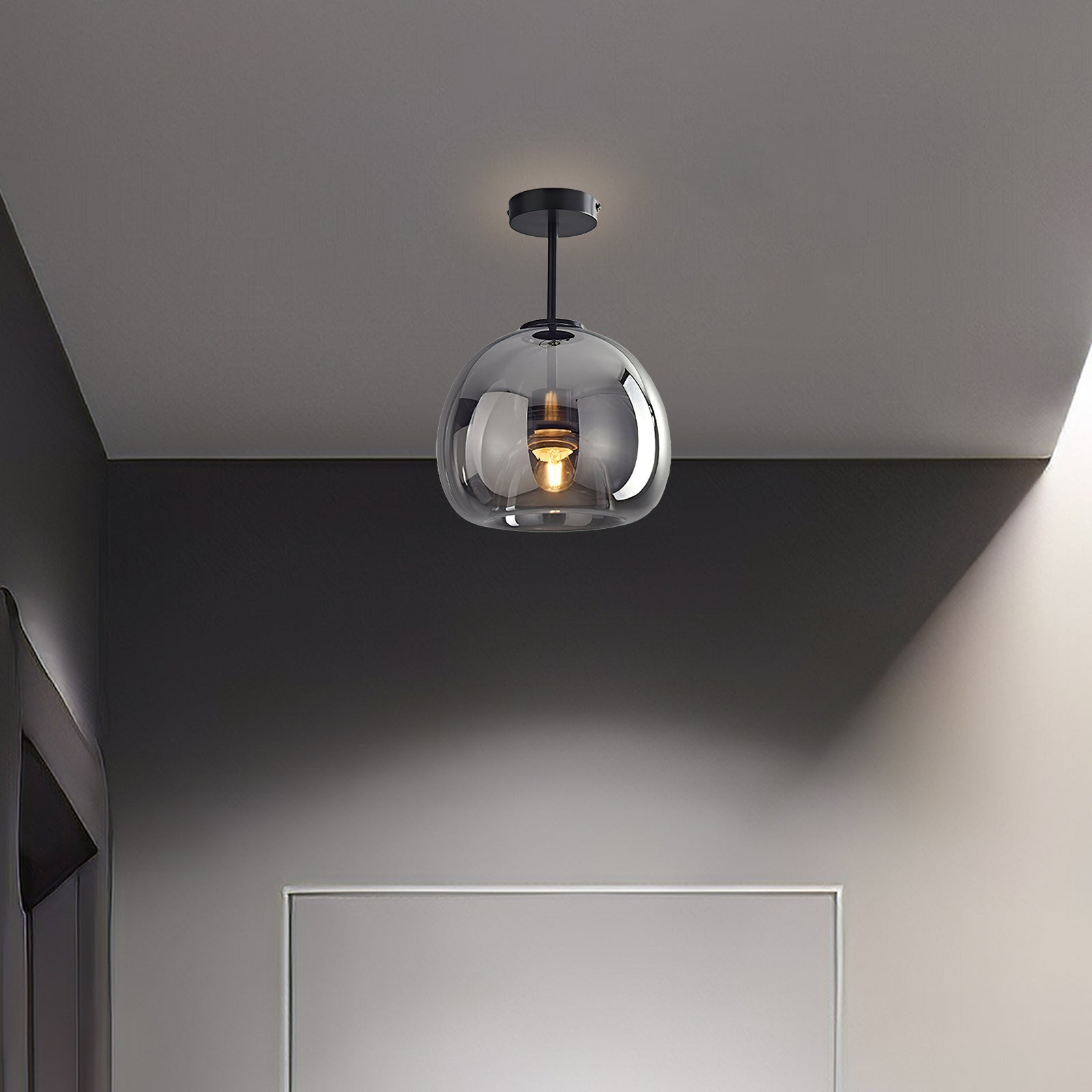 Retro ravfarvet glas loftslampe med skærm i bobleglas
