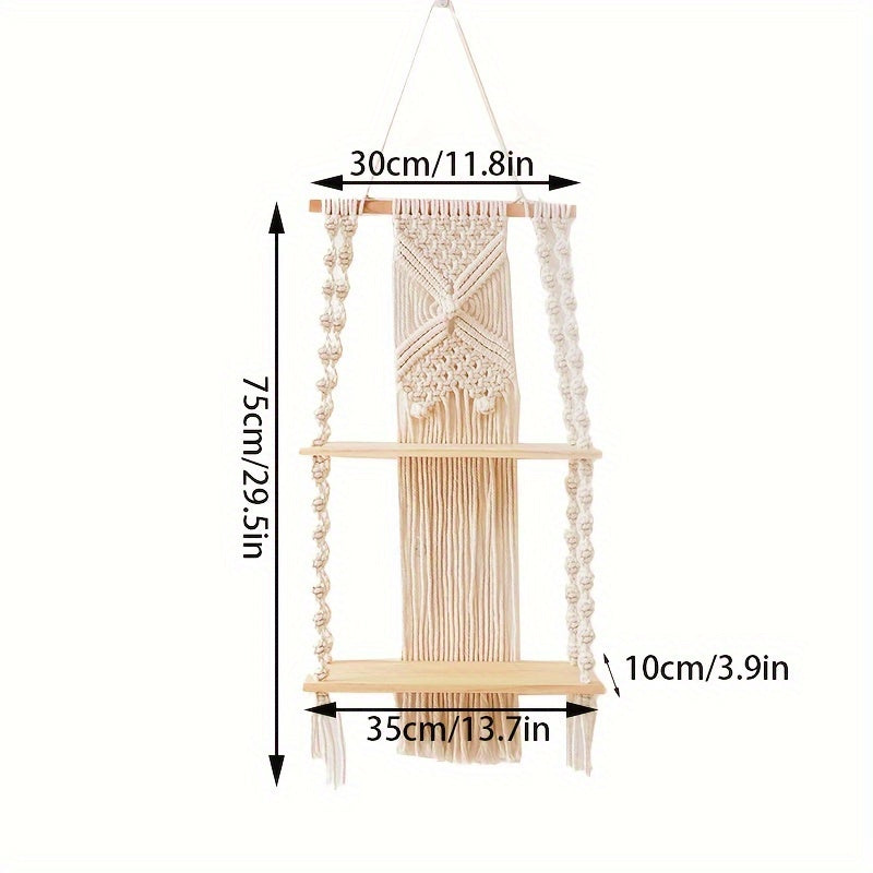Prateleira de Parede Boho em Macramé com Estante de Armazenamento de Dois Níveis