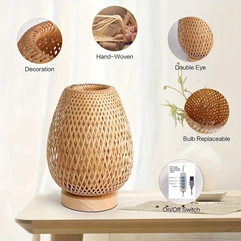 Candeeiro de Mesa de Cabeceira em Bambu Trançado com Luz USB Regulável