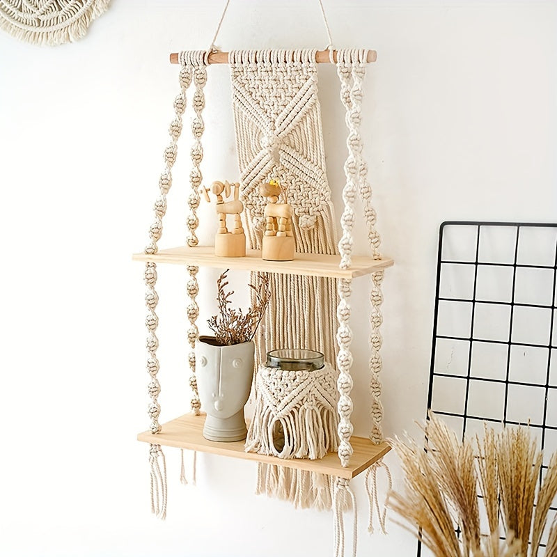 Prateleira de Parede Boho em Macramé com Estante de Armazenamento de Dois Níveis