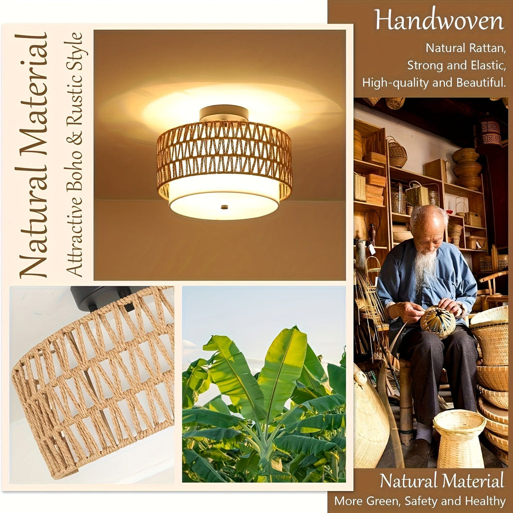 Luminária de Teto Boho em Rattan com Abajur de Linho, Montagem Semi-Embutida