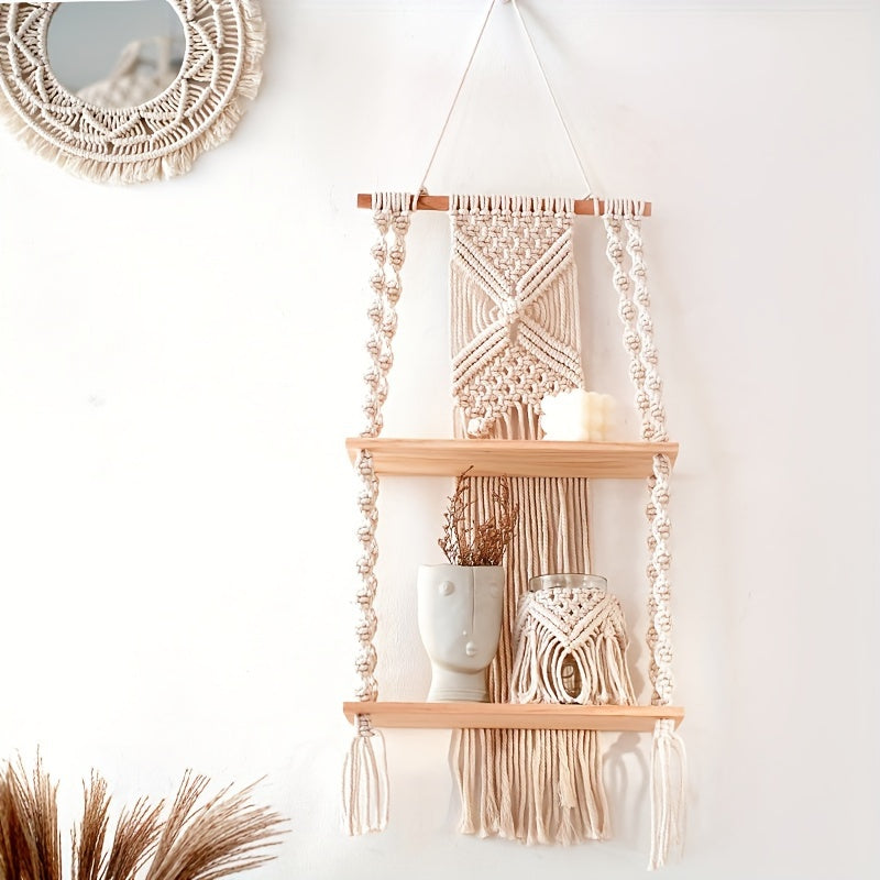 Prateleira de Parede Boho em Macramé com Estante de Armazenamento de Dois Níveis