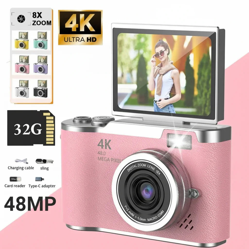 Appareil photo numérique à écran rabattable 4K avec 48MP et zoom 8X pour photos et vidéos