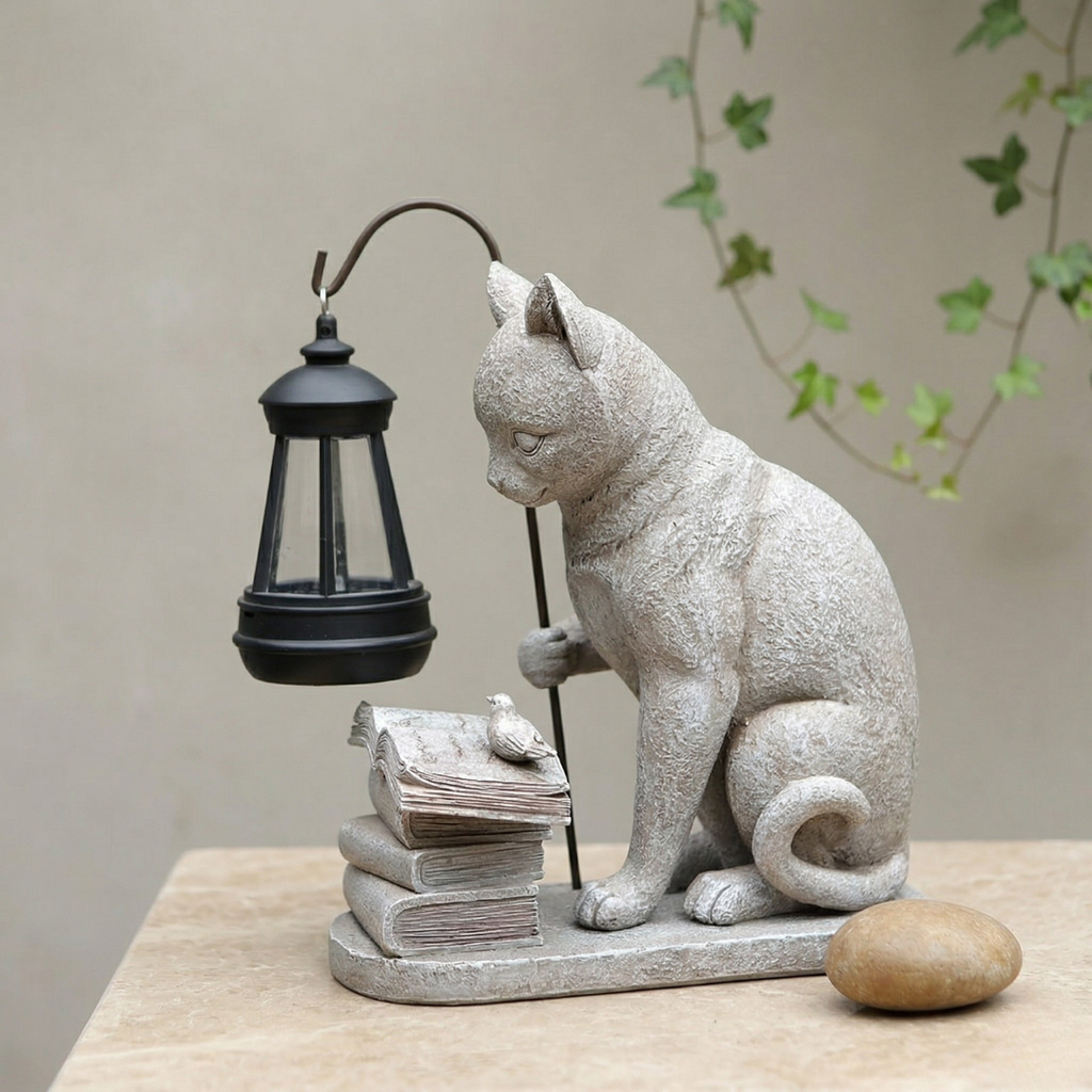Ogródowa figura kota z lampą solarną do oświetlenia zewnętrznego | Rosalyssa
