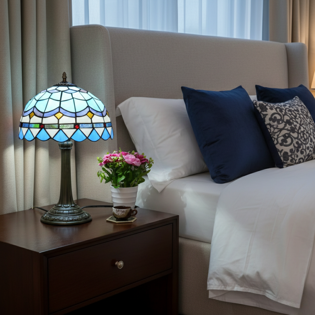 Vintage bordlampe med farvet glas til elegant belysning i hjemmet | Rosalyssa