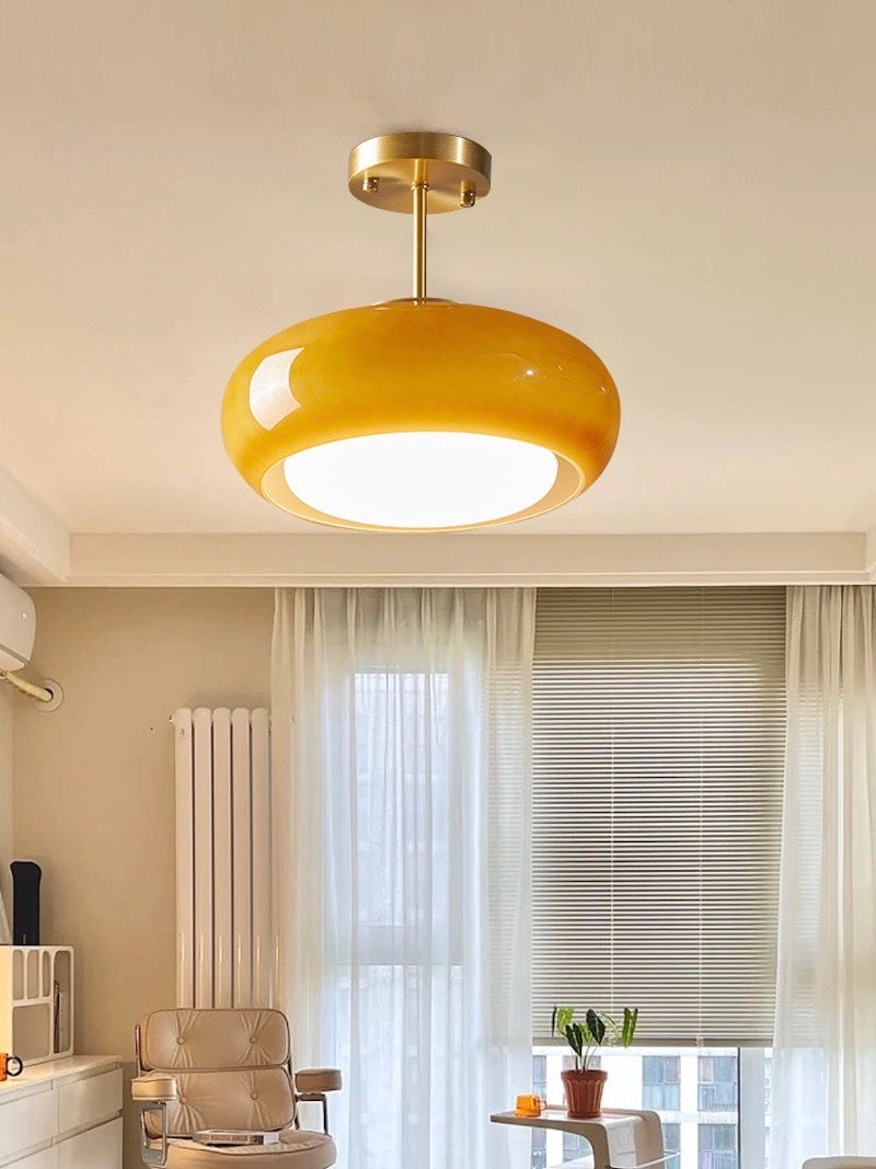 Plafonnier disque en verre style Bauhaus en laiton ou finition chrome, verre orange-jaune ou blanc