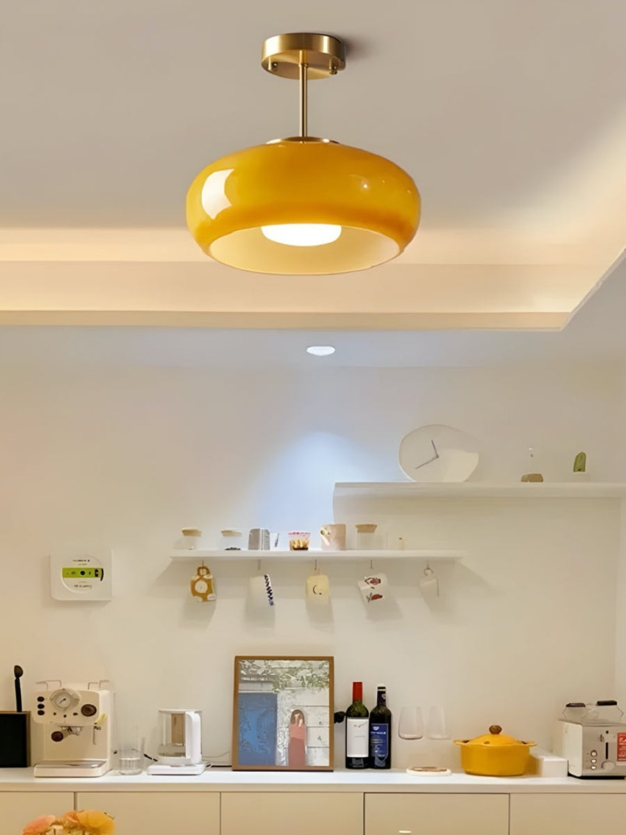 Plafonnier disque en verre style Bauhaus en laiton ou finition chrome, verre orange-jaune ou blanc
