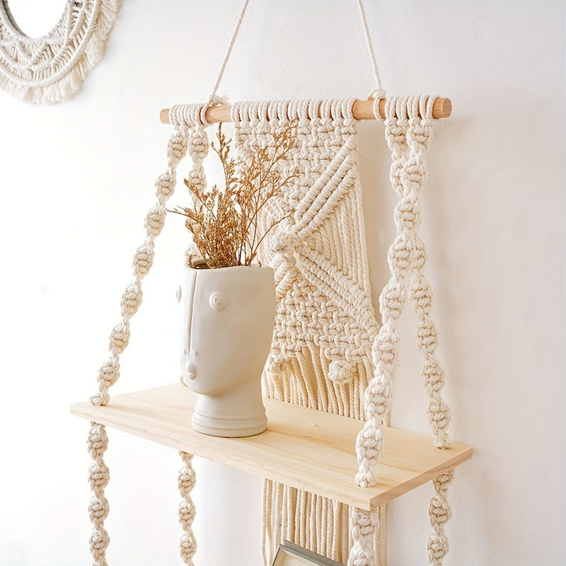 Prateleira de Parede Boho em Macramé com Estante de Armazenamento de Dois Níveis