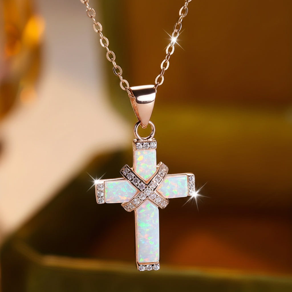 Collana con ciondolo a croce in oro rosa con strass per regalo della festa della mamma