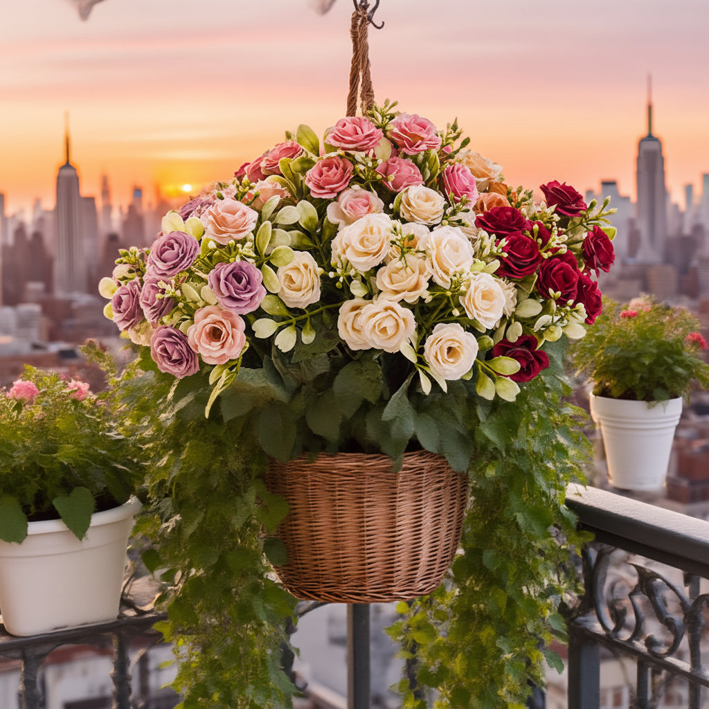 Cesto sospeso con rose artificiali per la festa della mamma, decorazione per patio