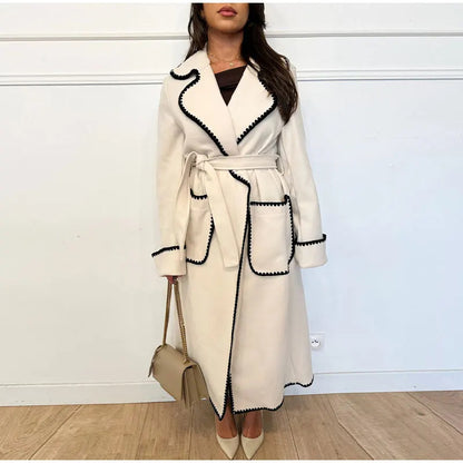 Women's Fashionable Warm Long-sleeved Lapel Woolen Lace-up Coat